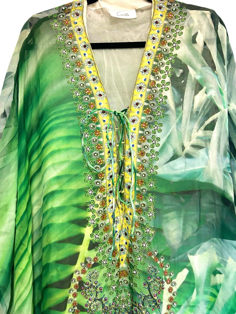 CAMILLA Pure Silk Palm Tropical Print Beaded Short Sleeve Maxi Kaftan Dress - Picture 4 of 6